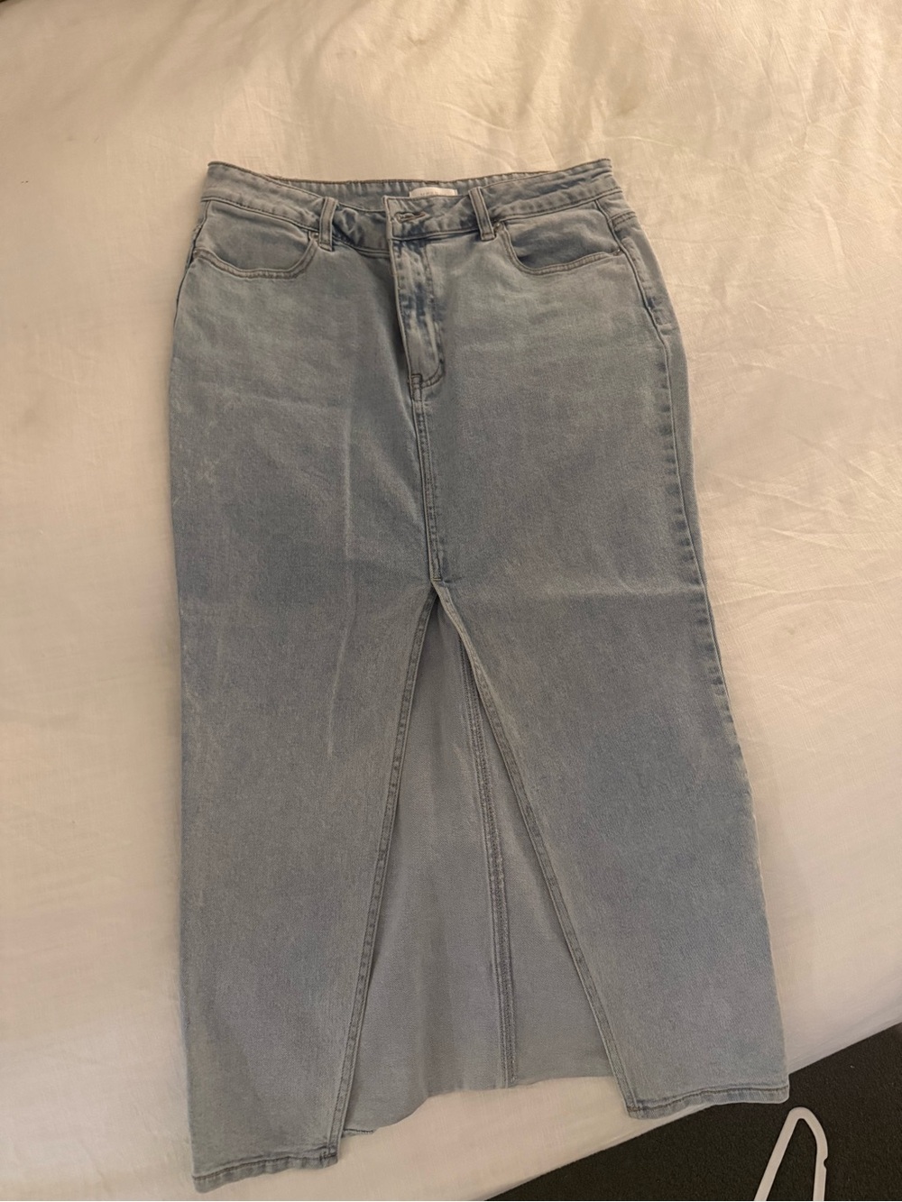 Meshki Light Blue Denim Midi Skirt with Front Slit